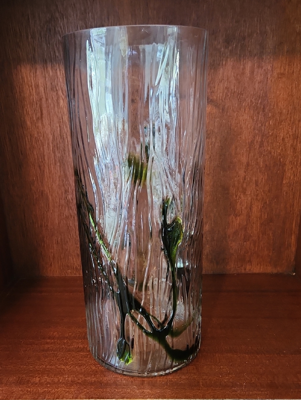 Large Textured Glass Vase with Green Swirl 13.75 Inches Tall